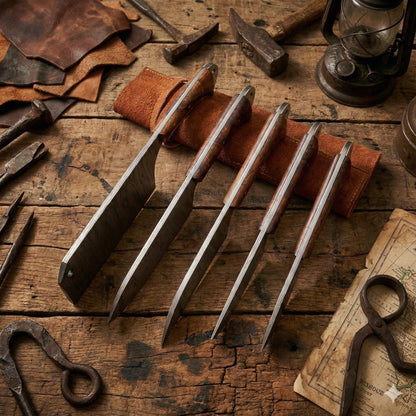 Handcrafted 5-Piece Damascus Steel Chef Knife Set with Natural Wood Handles & Leather Roll