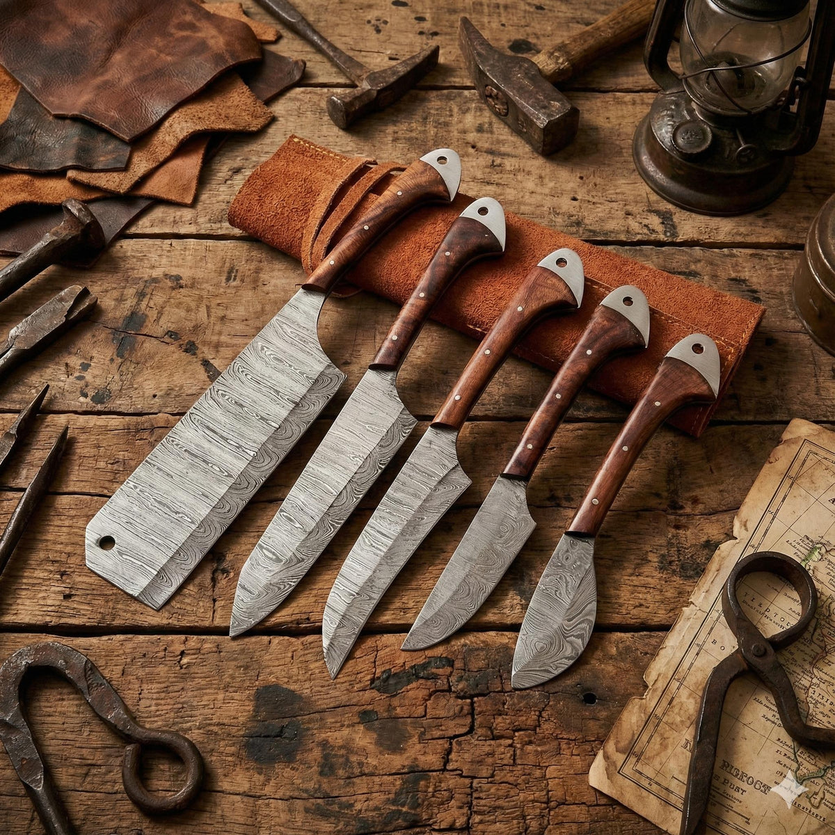 Handcrafted 5-Piece Damascus Steel Chef Knife Set with Natural Wood Handles & Leather Roll