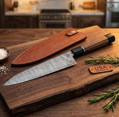 Hand-Forged Damascus Steel Knife | Exotic Wood Handle & Leather Sheath