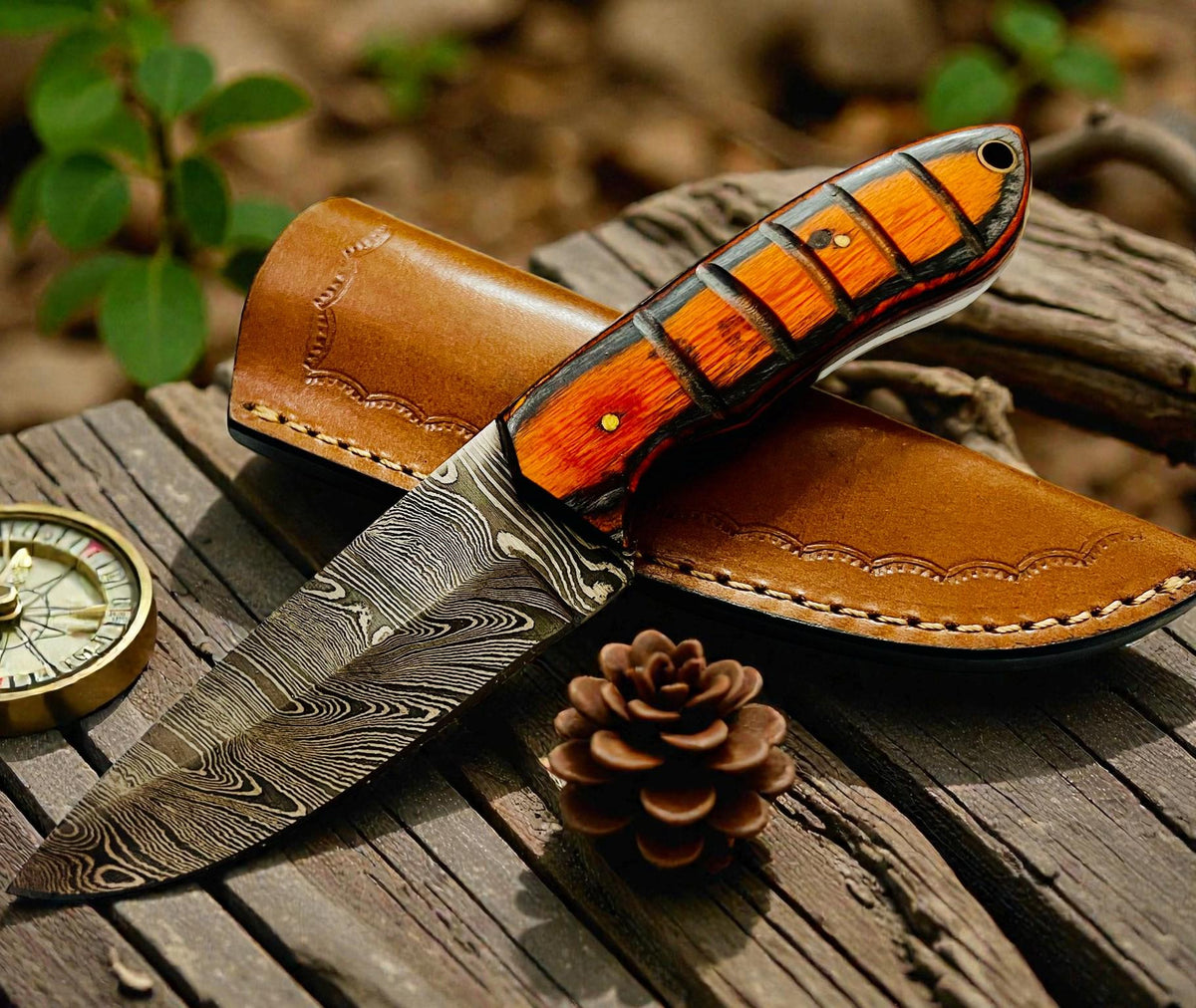 Hand-Forged Damascus Steel Fixed Blade Art | Wood Handle Executive Gift