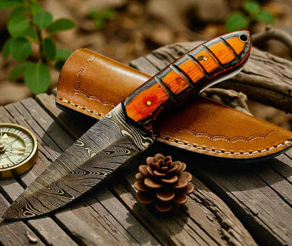 Hand-Forged Damascus Steel Fixed Blade Art | Wood Handle Executive Gift