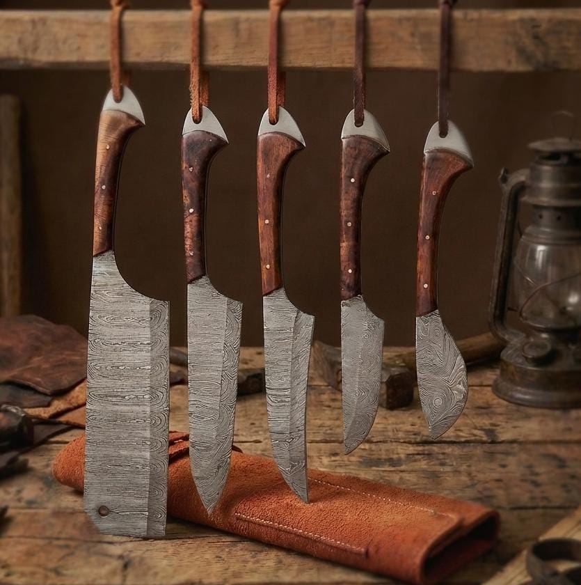 Handcrafted 5-Piece Damascus Steel Chef Knife Set with Natural Wood Handles & Leather Roll