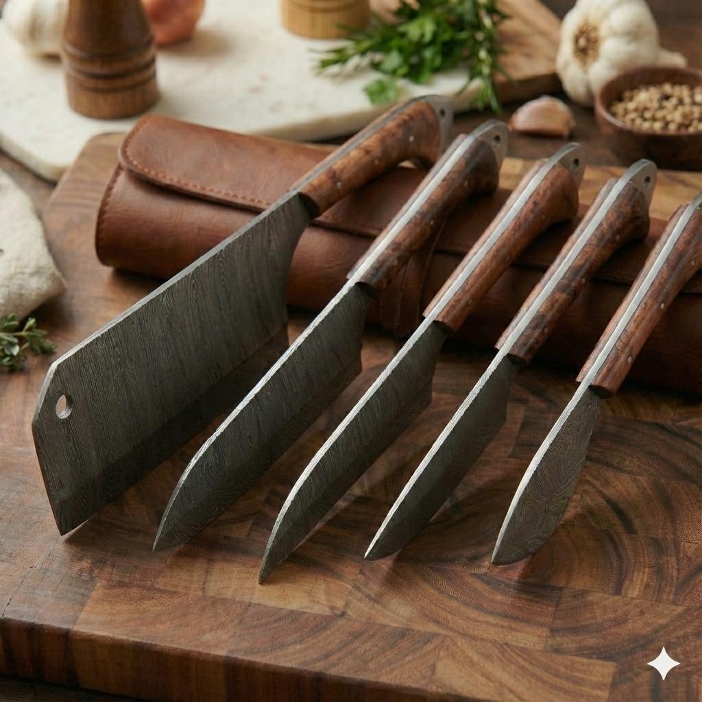 Handcrafted 5-Piece Damascus Steel Chef Knife Set with Natural Wood Handles & Leather Roll