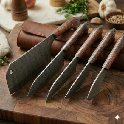Handcrafted 5-Piece Damascus Steel Chef Knife Set with Natural Wood Handles & Leather Roll