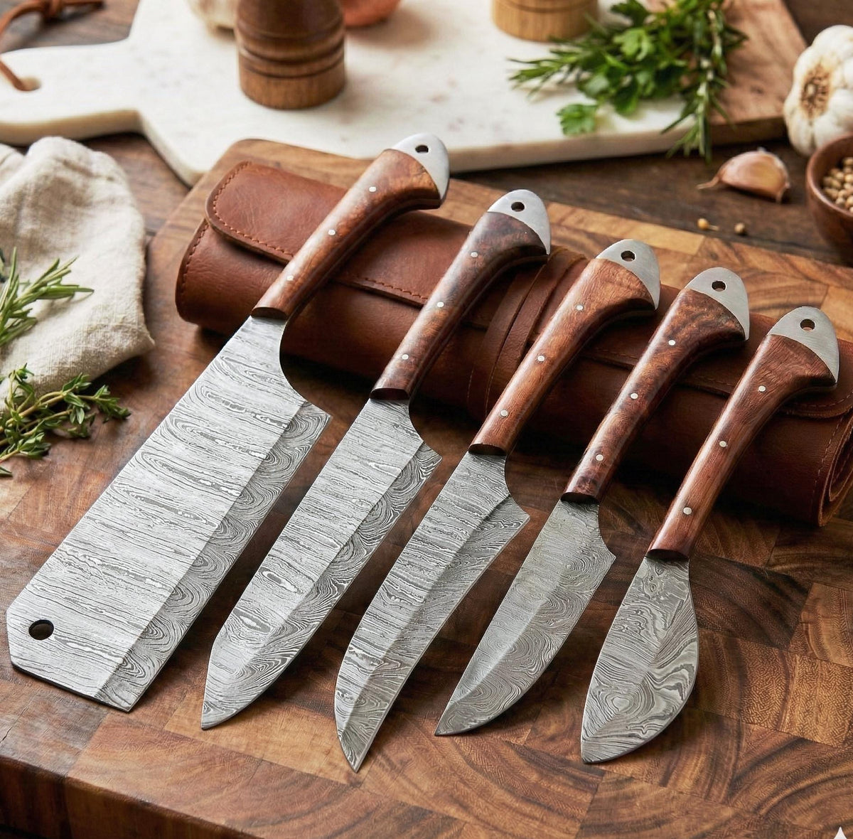 Handcrafted 5-Piece Damascus Steel Chef Knife Set with Natural Wood Handles & Leather Roll