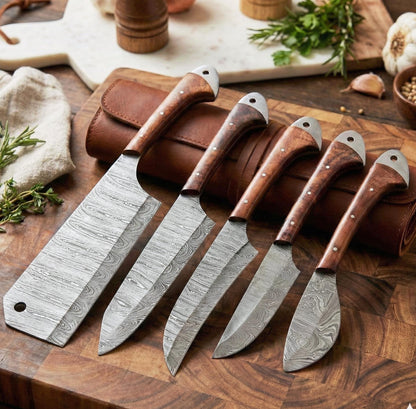 Handcrafted 5-Piece Damascus Steel Chef Knife Set with Natural Wood Handles & Leather Roll