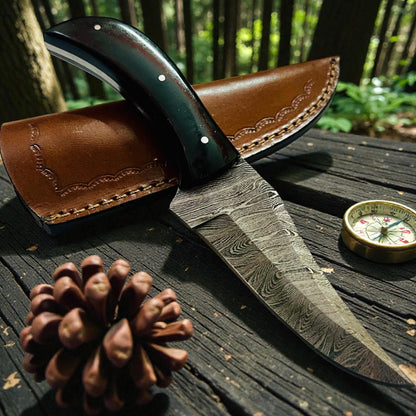 8" Hand-Forged Damascus Steel Fixed Blade Art | Buffalo Horn Executive Gift