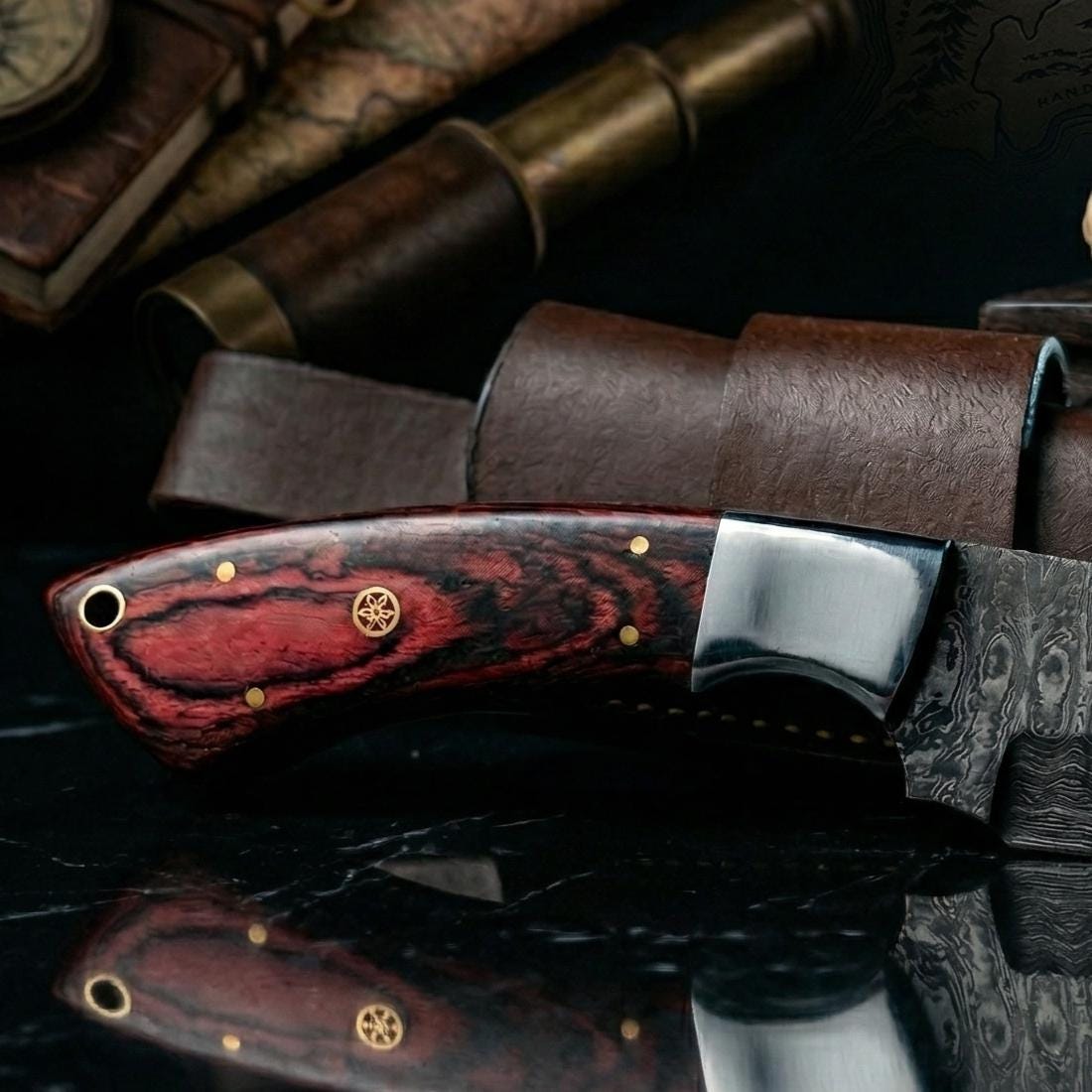 Premier 9" Crimson-Grain Damascus Sculpture | Polished Bolster Signature Heritage Art