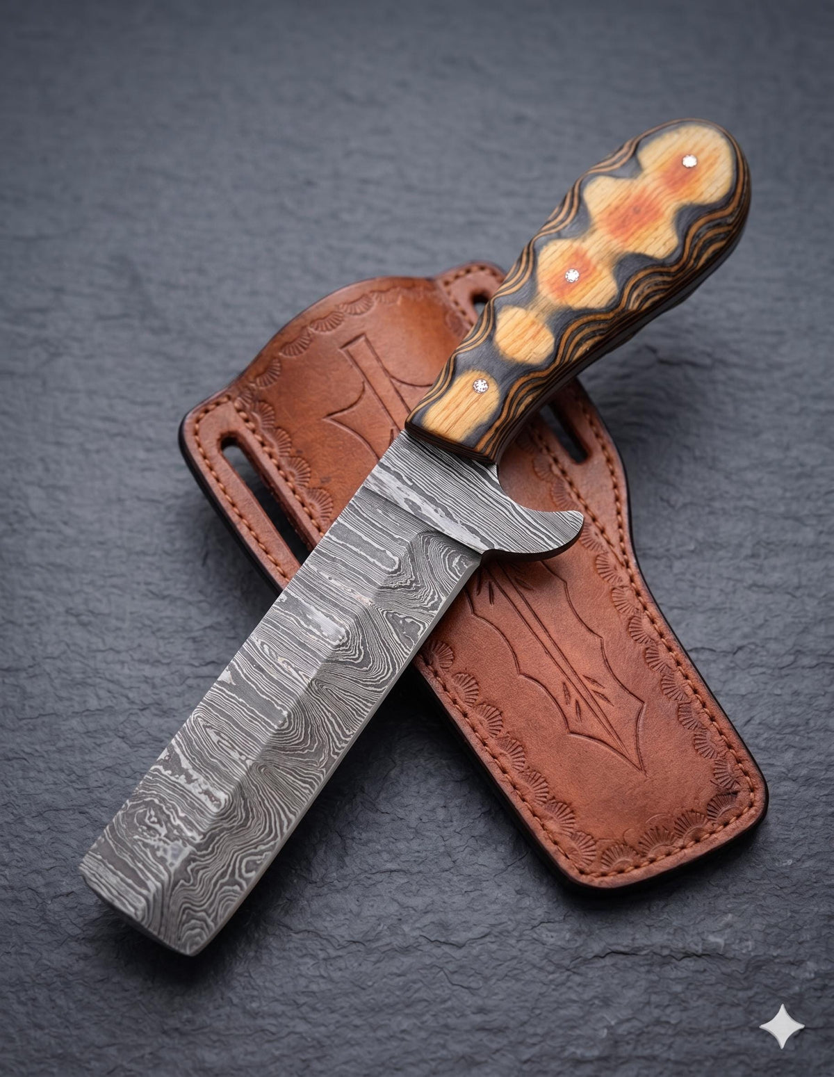 Hand-Forged Damascus Steel Fixed Blade Art | Layered Wood Executive 2026 Gift