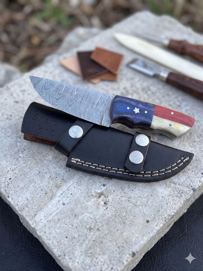 Handcrafted 7.5-Inch Damascus Steel Collector Knife – Bone and Pakkawood Handle with Leather Sheath