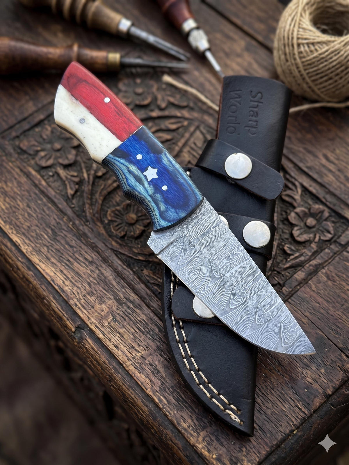 Handcrafted 7.5-Inch Damascus Steel Collector Knife – Bone and Pakkawood Handle with Leather Sheath