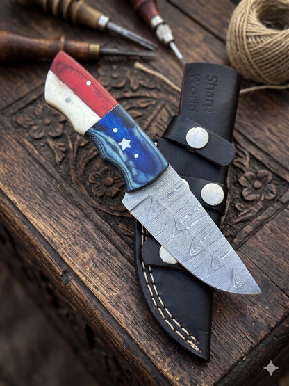 Handcrafted 7.5-Inch Damascus Steel Collector Knife – Bone and Pakkawood Handle with Leather Sheath
