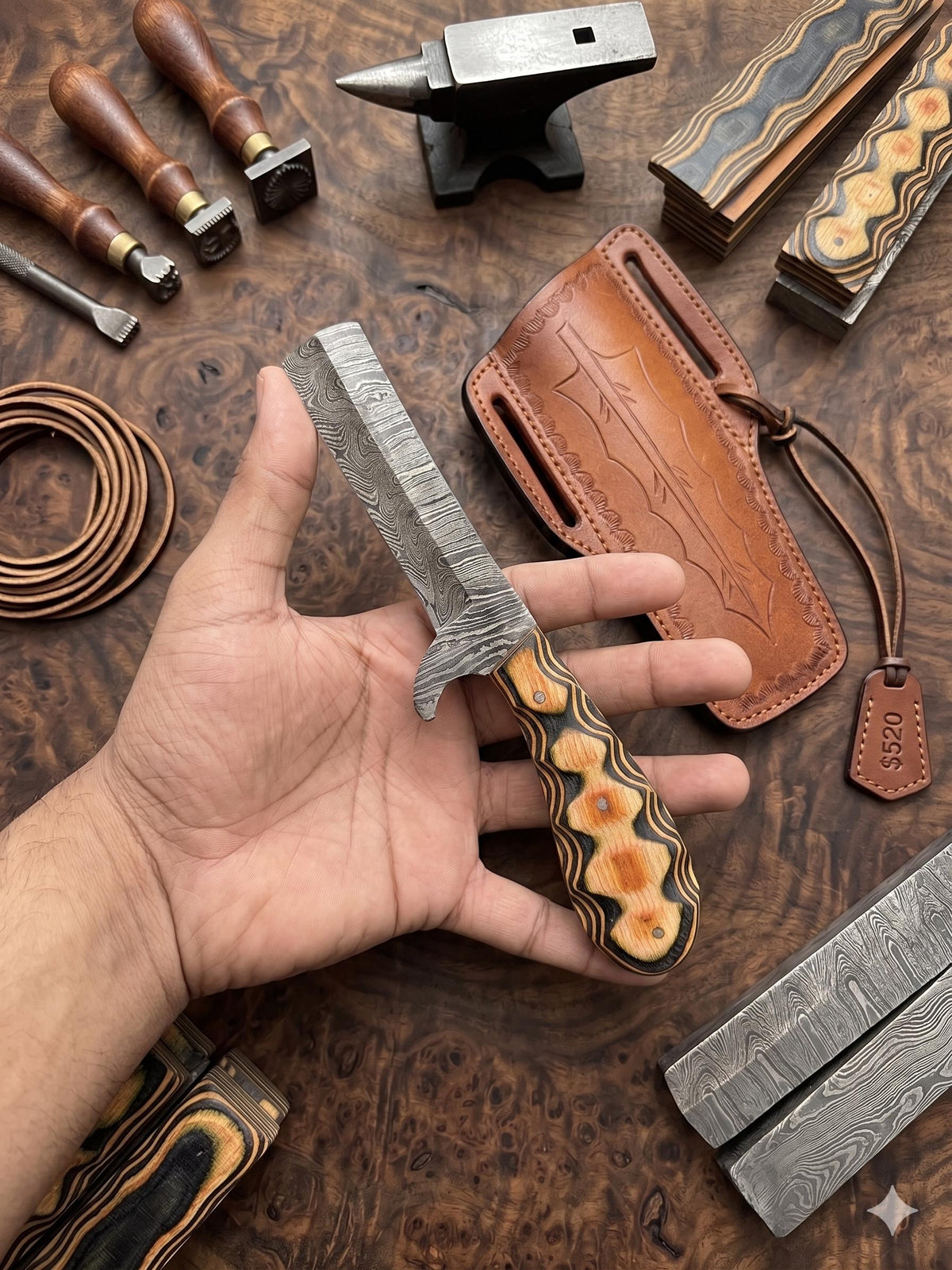 Hand-Forged Damascus Steel Fixed Blade Art | Layered Wood Executive 2026 Gift