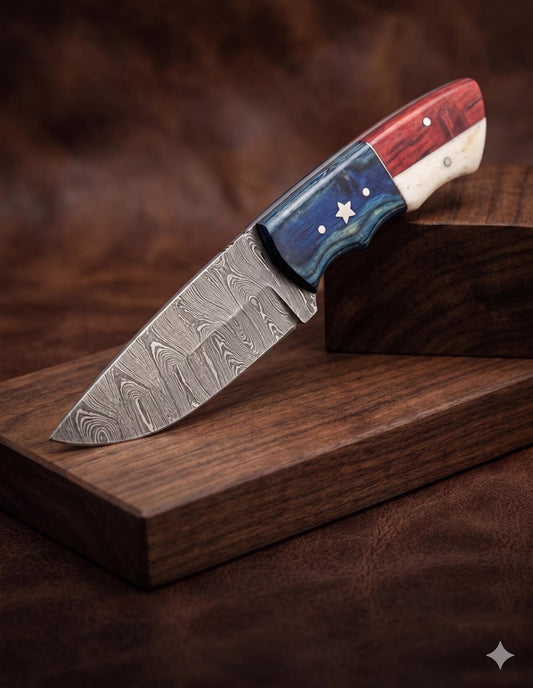 Handcrafted 7.5-Inch Damascus Steel Collector Knife – Bone and Pakkawood Handle with Leather Sheath