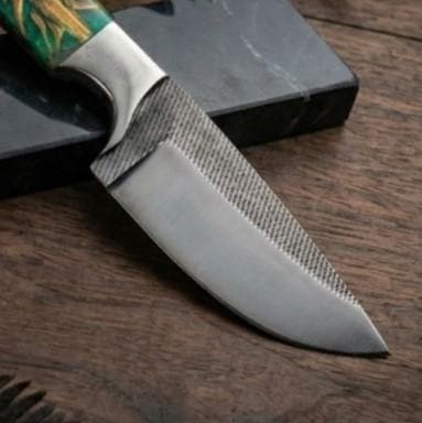 9" Custom Handcrafted File Steel Collector Knife – Burl Resin Handle & Leather Sheath
