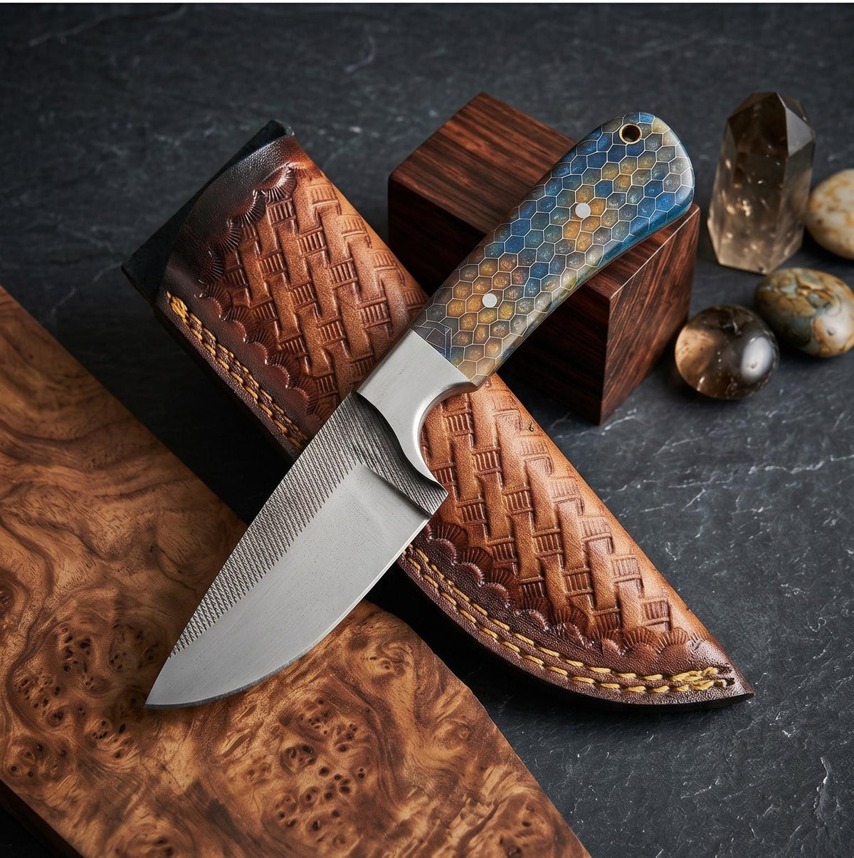 9" Custom Collectible Fixed Blade Knife – Textured High-Carbon Steel with Cerulean Honeycomb Handle