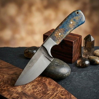 9" Custom Collectible Fixed Blade Knife – Textured High-Carbon Steel with Cerulean Honeycomb Handle