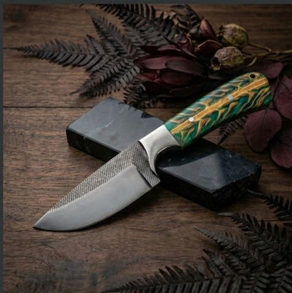 9" Custom Handcrafted File Steel Collector Knife – Burl Resin Handle & Leather Sheath