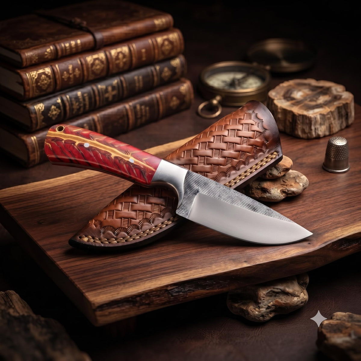 9" Custom Handcrafted File Steel Collector Knife – Burl Resin Handle & Leather Sheath