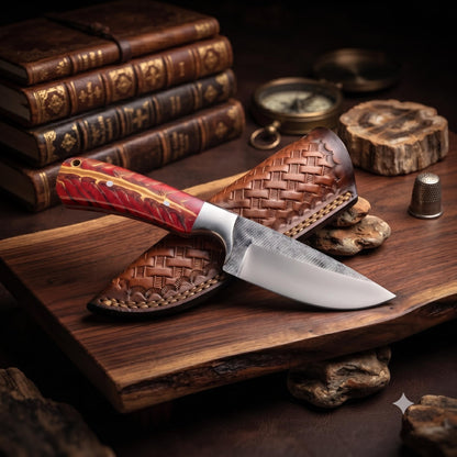 9" Custom Handcrafted File Steel Collector Knife – Burl Resin Handle & Leather Sheath