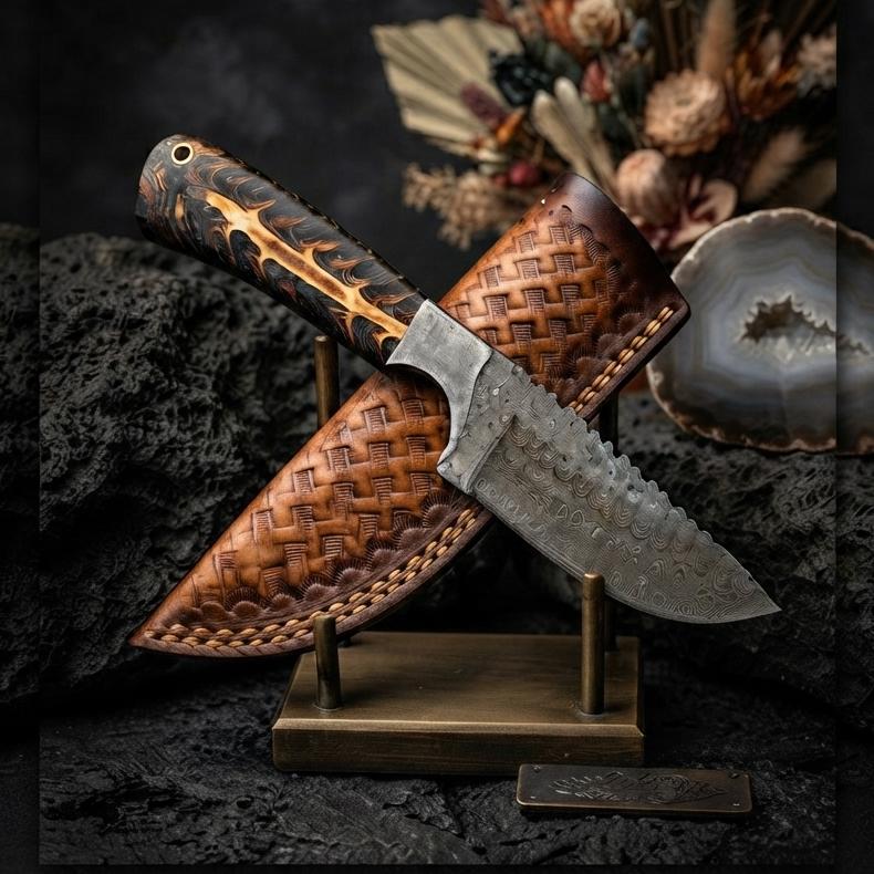 Damascus Steel Tracker Knife – Patterned Wood Handle, Leather Sheath, Outdoor Tool