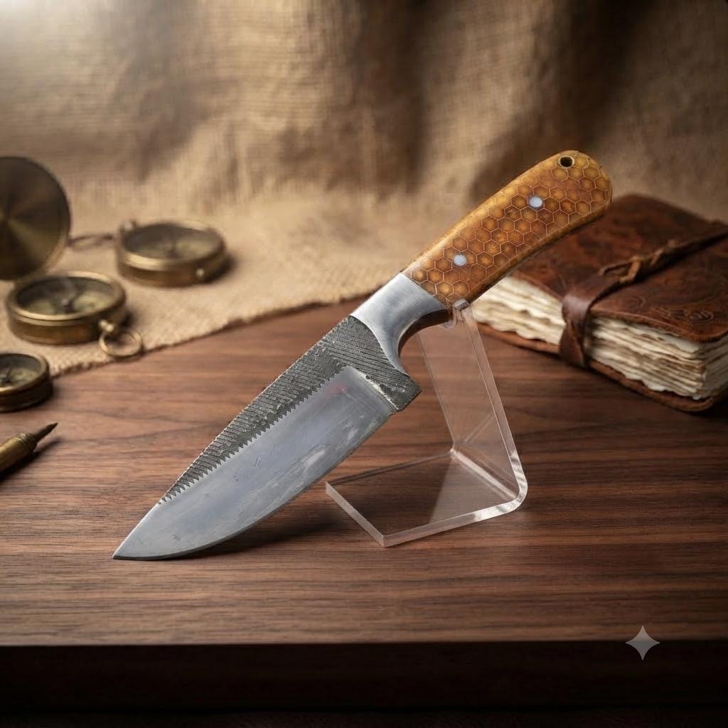 Handmade Custom Tracker Knife with Honeycomb Resin Handle and Leather Sheath