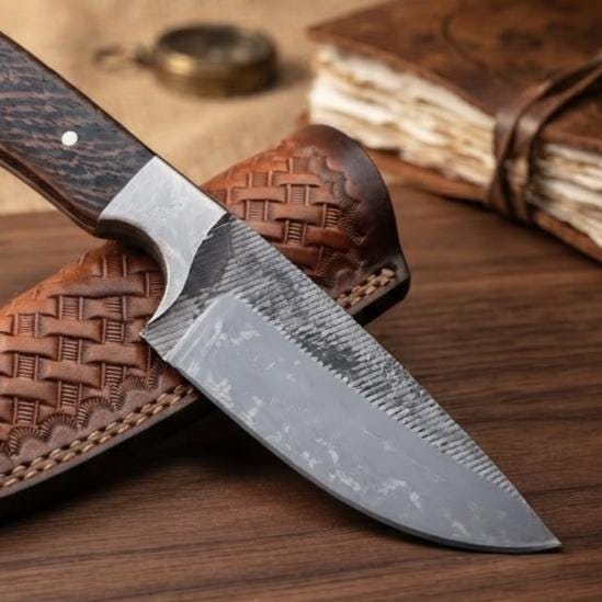 Handmade Wood Handle Tracker Knife with Leather Sheath for Bushcraft & Camping