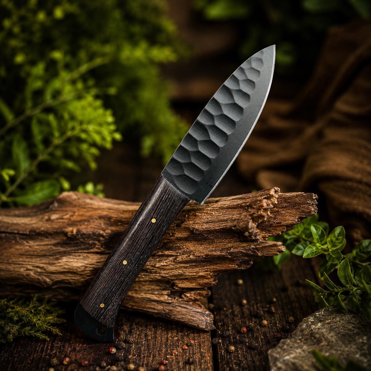 Handmade Black Hammered Steel Chef Set with Wood Handle and Leather Roll