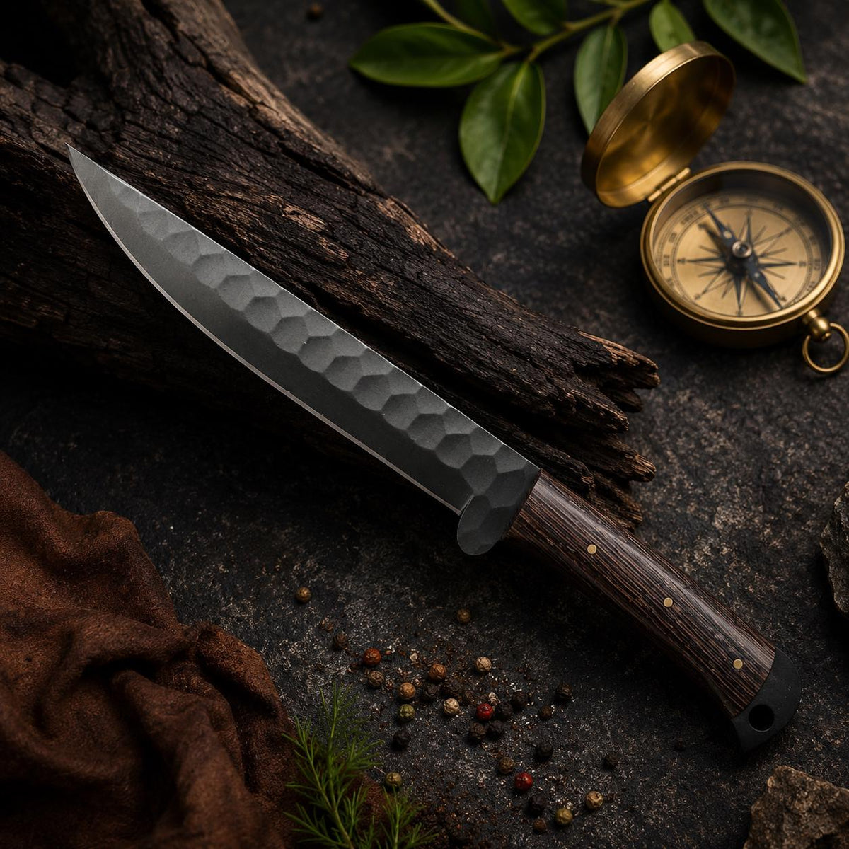 Handmade Black Hammered Steel Chef Set with Wood Handle and Leather Roll