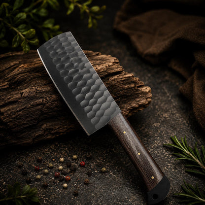 Handmade Black Hammered Steel Chef Set with Wood Handle and Leather Roll