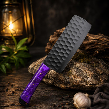 Purple Resin Handle Kitchen Knife Set with Black Blades & Leather Roll