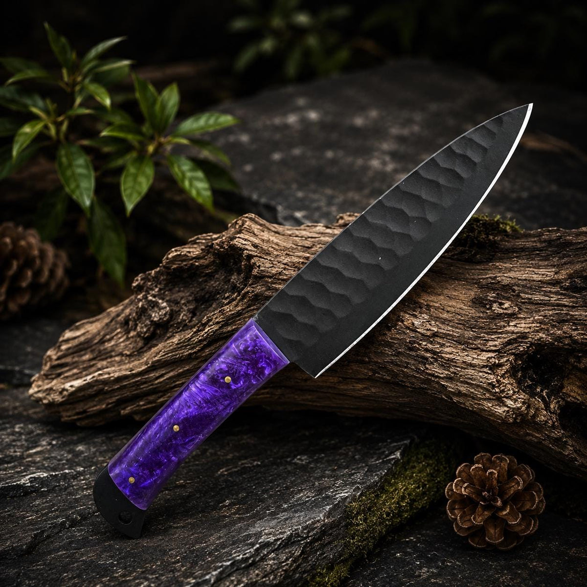 Purple Resin Handle Kitchen Knife Set with Black Blades & Leather Roll