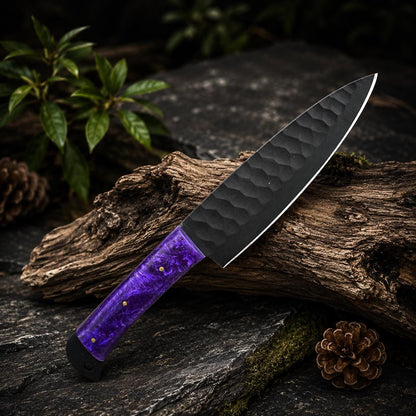 Purple Resin Handle Kitchen Knife Set with Black Blades & Leather Roll