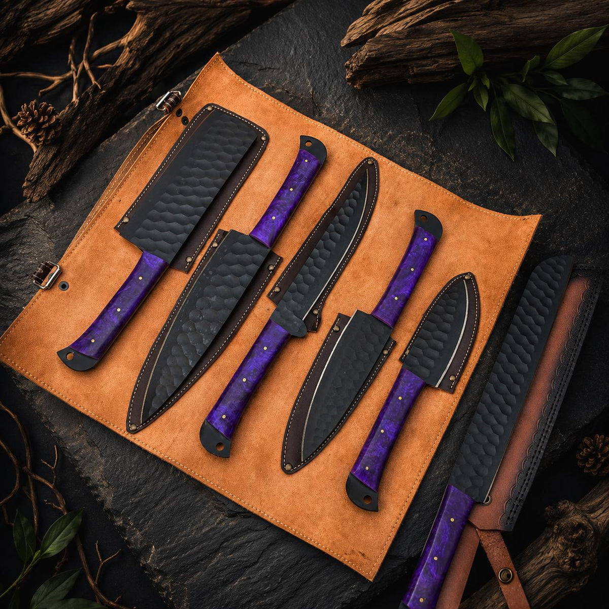 Purple Resin Handle Kitchen Knife Set with Black Blades & Leather Roll