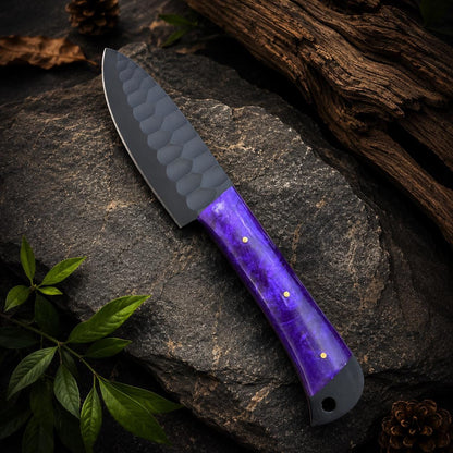 Purple Resin Handle Kitchen Knife Set with Black Blades & Leather Roll
