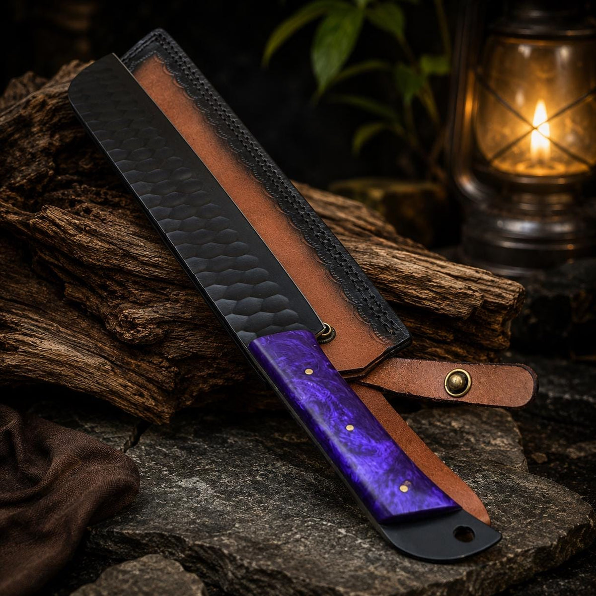Purple Resin Handle Kitchen Knife Set with Black Blades & Leather Roll