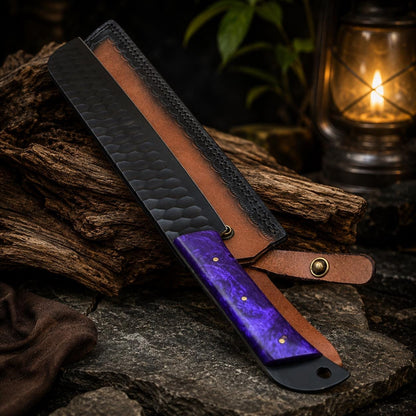 Purple Resin Handle Kitchen Knife Set with Black Blades & Leather Roll