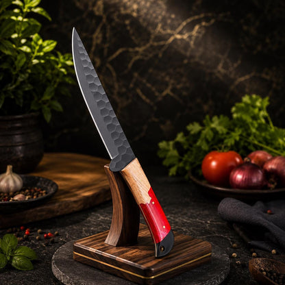 Crimson Resin & Wood Kitchen Knife Set with Black Blades and Leather Sheath