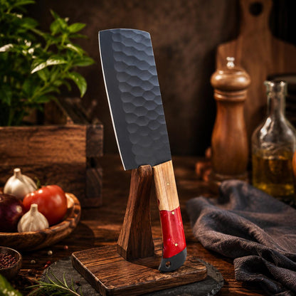 Crimson Resin & Wood Kitchen Knife Set with Black Blades and Leather Sheath