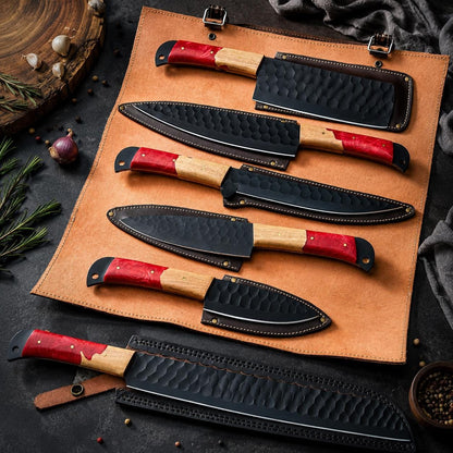 Crimson Resin & Wood Kitchen Knife Set with Black Blades and Leather Sheath
