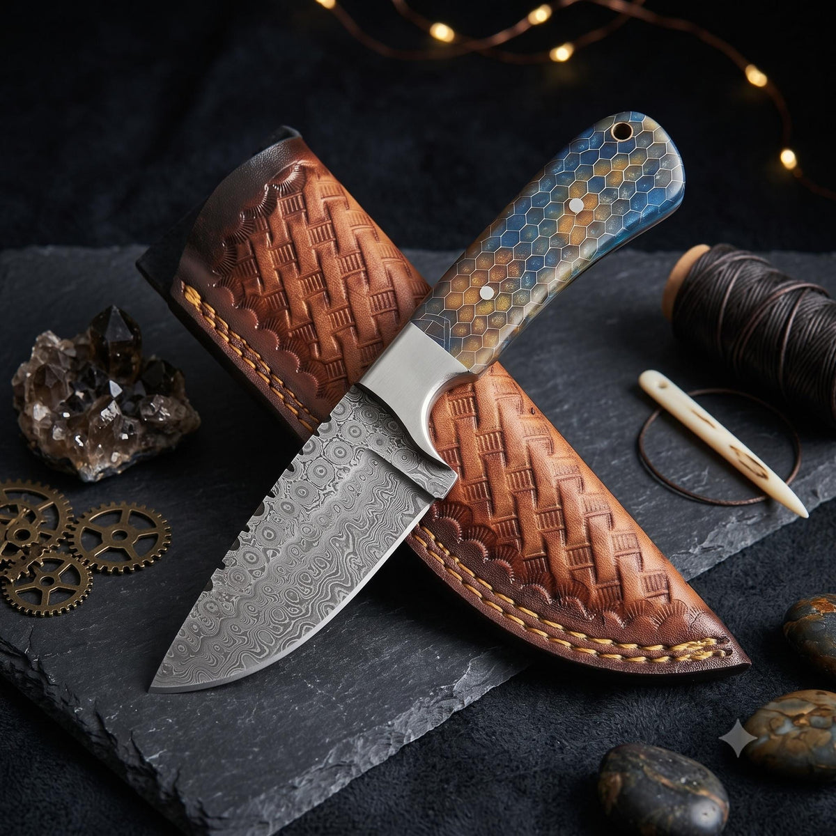 9" Custom Collectible Fixed Blade Knife – Textured High-Carbon Steel with Cerulean Honeycomb Handle