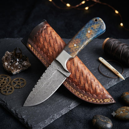 9" Custom Collectible Fixed Blade Knife – Textured High-Carbon Steel with Cerulean Honeycomb Handle
