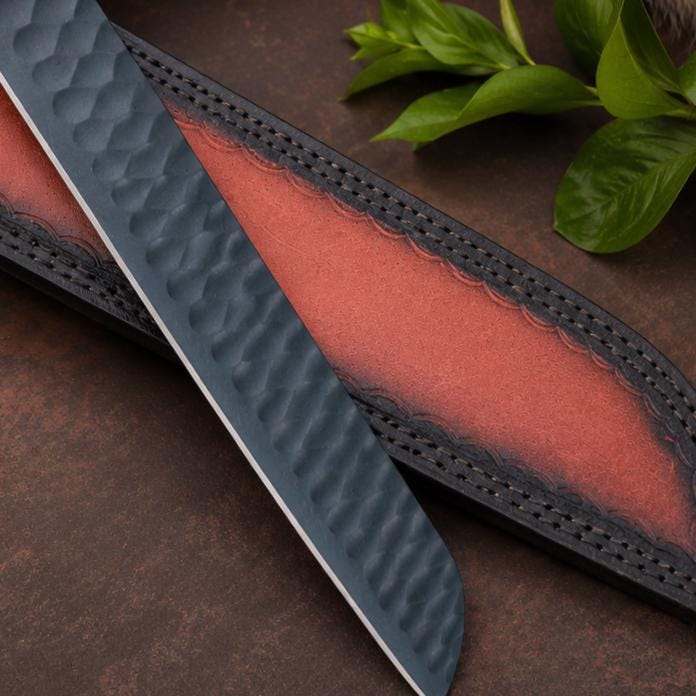 Hand Forged Cobalt Blue Resin Kitchen Knife with Black Blade and Tooled Leather Sheath