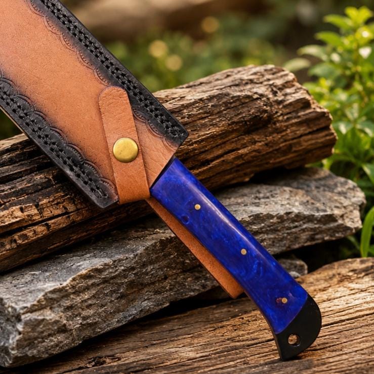 Hand Forged Cobalt Blue Resin Kitchen Knife with Black Blade and Tooled Leather Sheath
