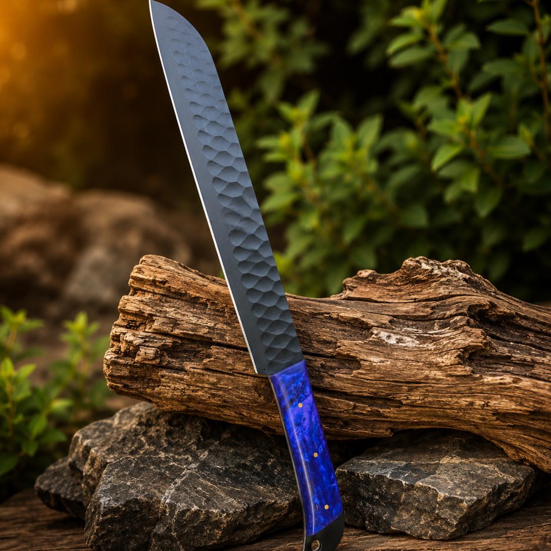 Hand Forged Cobalt Blue Resin Kitchen Knife with Black Blade and Tooled Leather Sheath