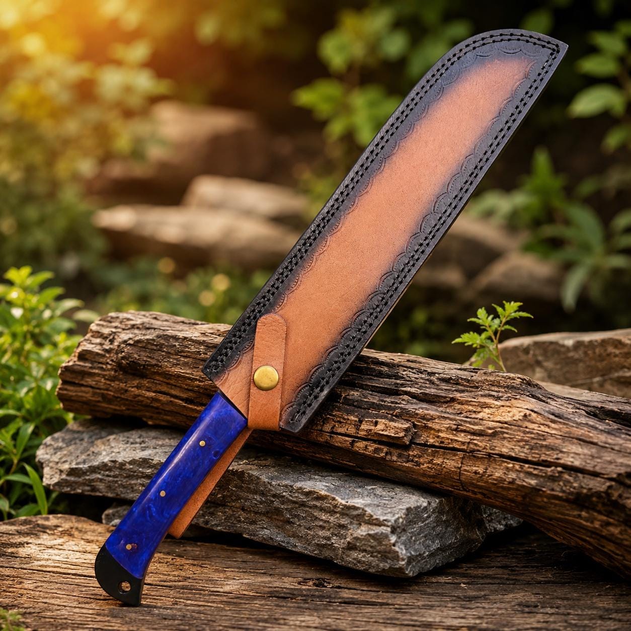 Hand Forged Cobalt Blue Resin Kitchen Knife with Black Blade and Tooled Leather Sheath