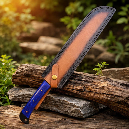 Hand Forged Cobalt Blue Resin Kitchen Knife with Black Blade and Tooled Leather Sheath