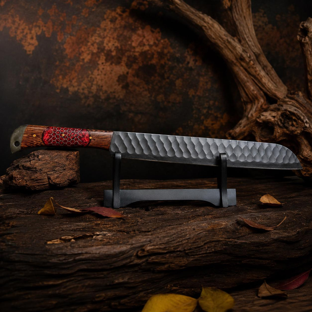 Crimson Honeycomb Resin Kitchen Knife Set with Black Textured Blades & Leather Case