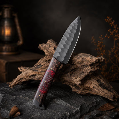 Crimson Honeycomb Resin Kitchen Knife Set with Black Textured Blades & Leather Case