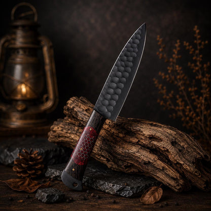 Crimson Honeycomb Resin Kitchen Knife Set with Black Textured Blades & Leather Case